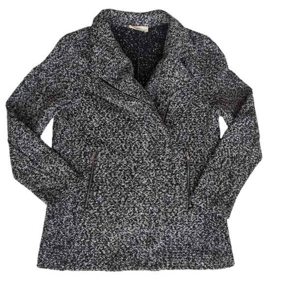 Elodie Asymmetrical Zip Tweed Look Collared Moto Jacket MEDIUM Black White - Picture 1 of 16